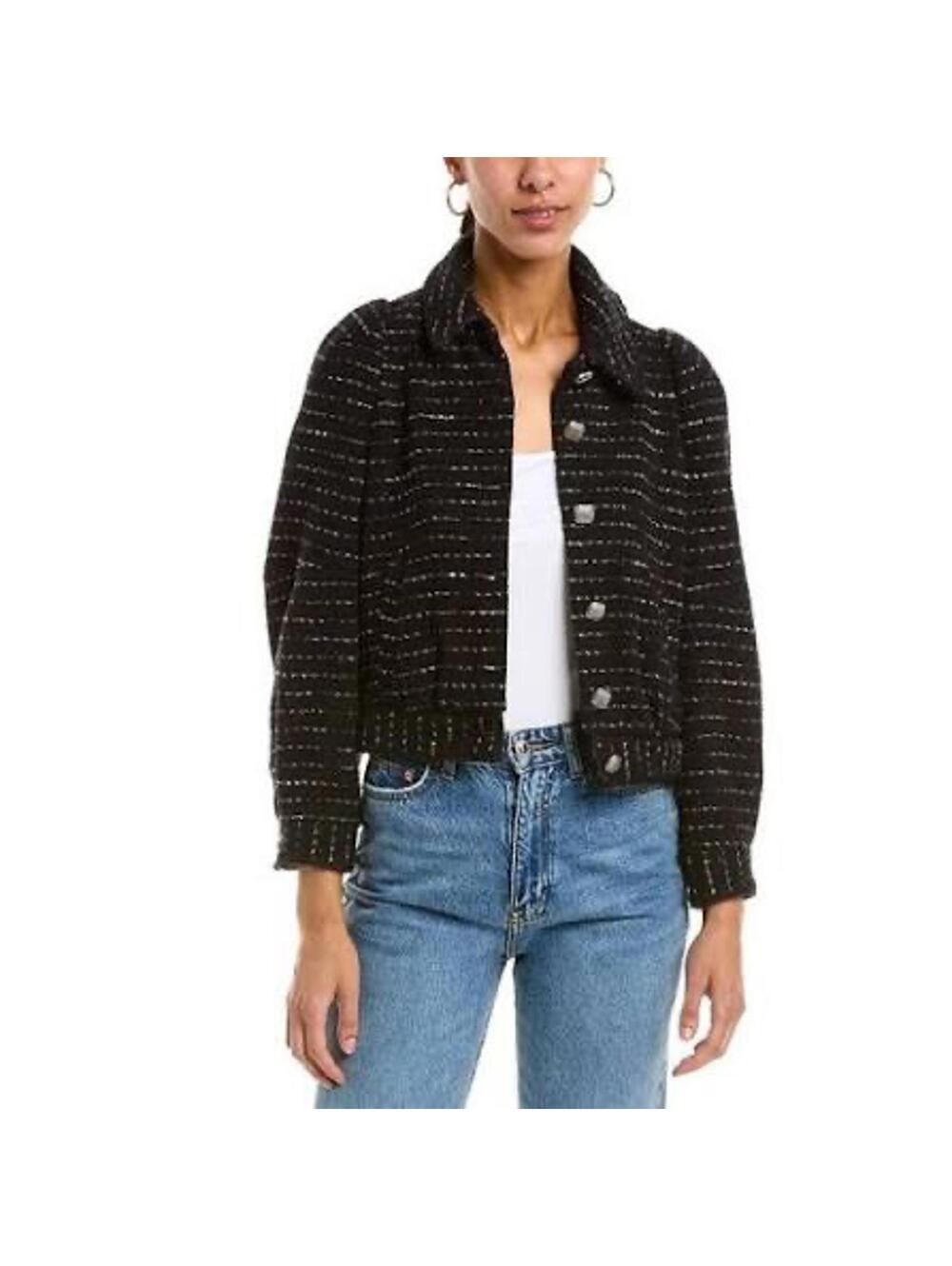 NWT Logan Tweed Jacket by ba&sh Black Silver Metallic Cropped Puff Sleeve Size 2
